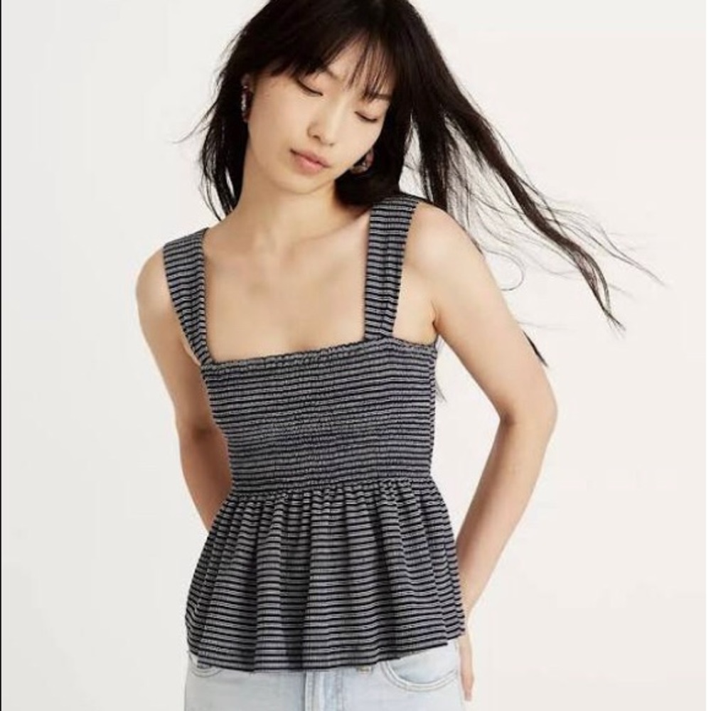 Madewell Blue Smocked Peplum Tank Top in S…